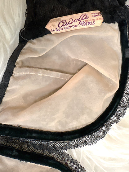 Vintage 1940's - 1950's Overwire Bra - Black Lace with Nude Illusion & Plush Velvet Lining by Cadolle, Paris | 34 B