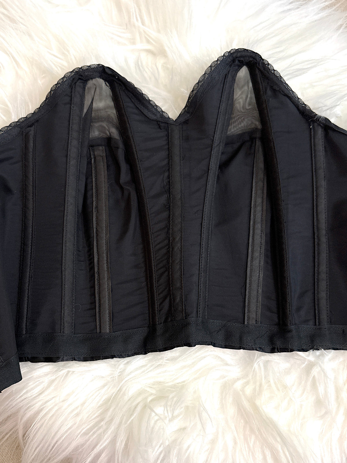 Vintage 1950's Strapless Cathedral Bra - Black Satin with Sheer Mesh Inserts & lace by Juno | 34 B