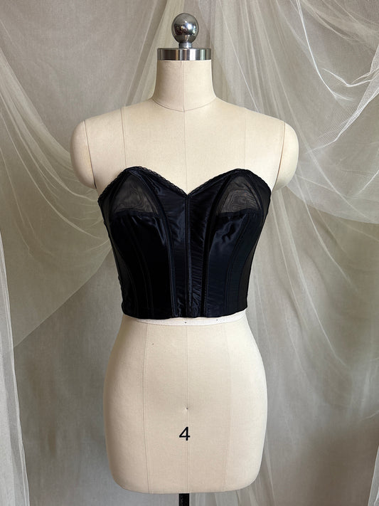 Vintage 1950's Strapless Cathedral Bra - Black Satin with Sheer Mesh Inserts & lace by Juno | 34 B