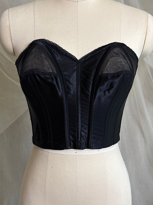 Vintage 1950's Strapless Cathedral Bra - Black Satin with Sheer Mesh Inserts & lace by Juno | 34 B