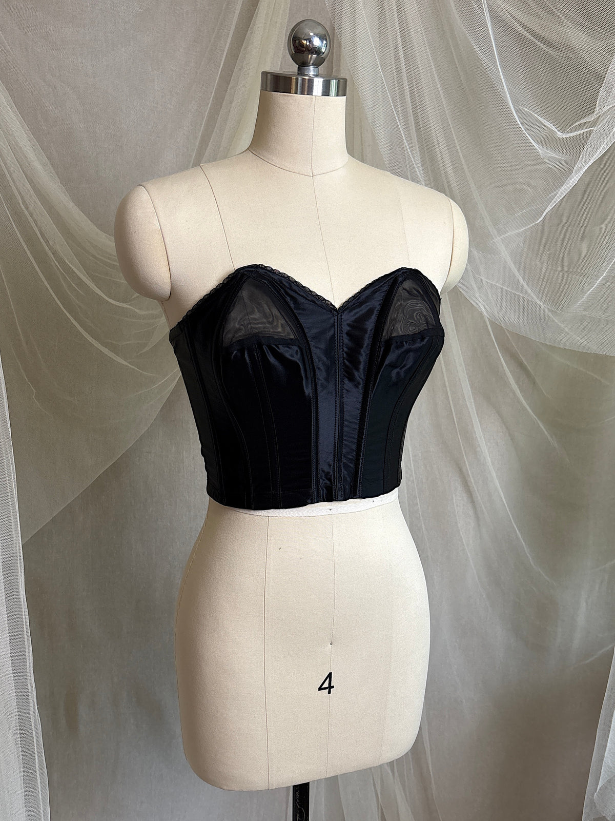 Vintage 1950's Strapless Cathedral Bra - Black Satin with Sheer Mesh Inserts & lace by Juno | 34 B