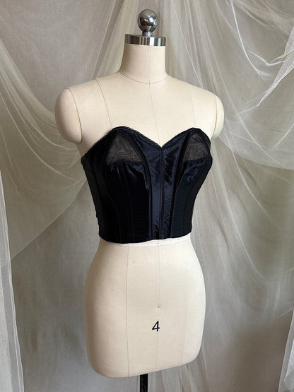 Vintage 1950's Strapless Cathedral Bra - Black Satin with Sheer Mesh Inserts & lace by Juno | 34 B