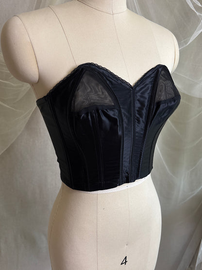 Vintage 1950's Strapless Cathedral Bra - Black Satin with Sheer Mesh Inserts & lace by Juno | 34 B