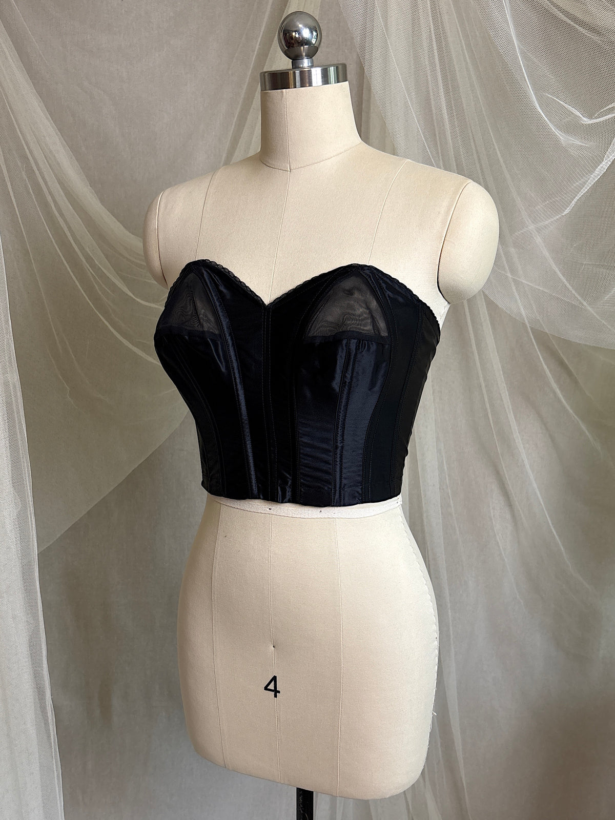 Vintage 1950's Strapless Cathedral Bra - Black Satin with Sheer Mesh Inserts & lace by Juno | 34 B
