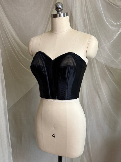 Vintage 1950's Strapless Cathedral Bra - Black Satin with Sheer Mesh Inserts & lace by Juno | 34 B