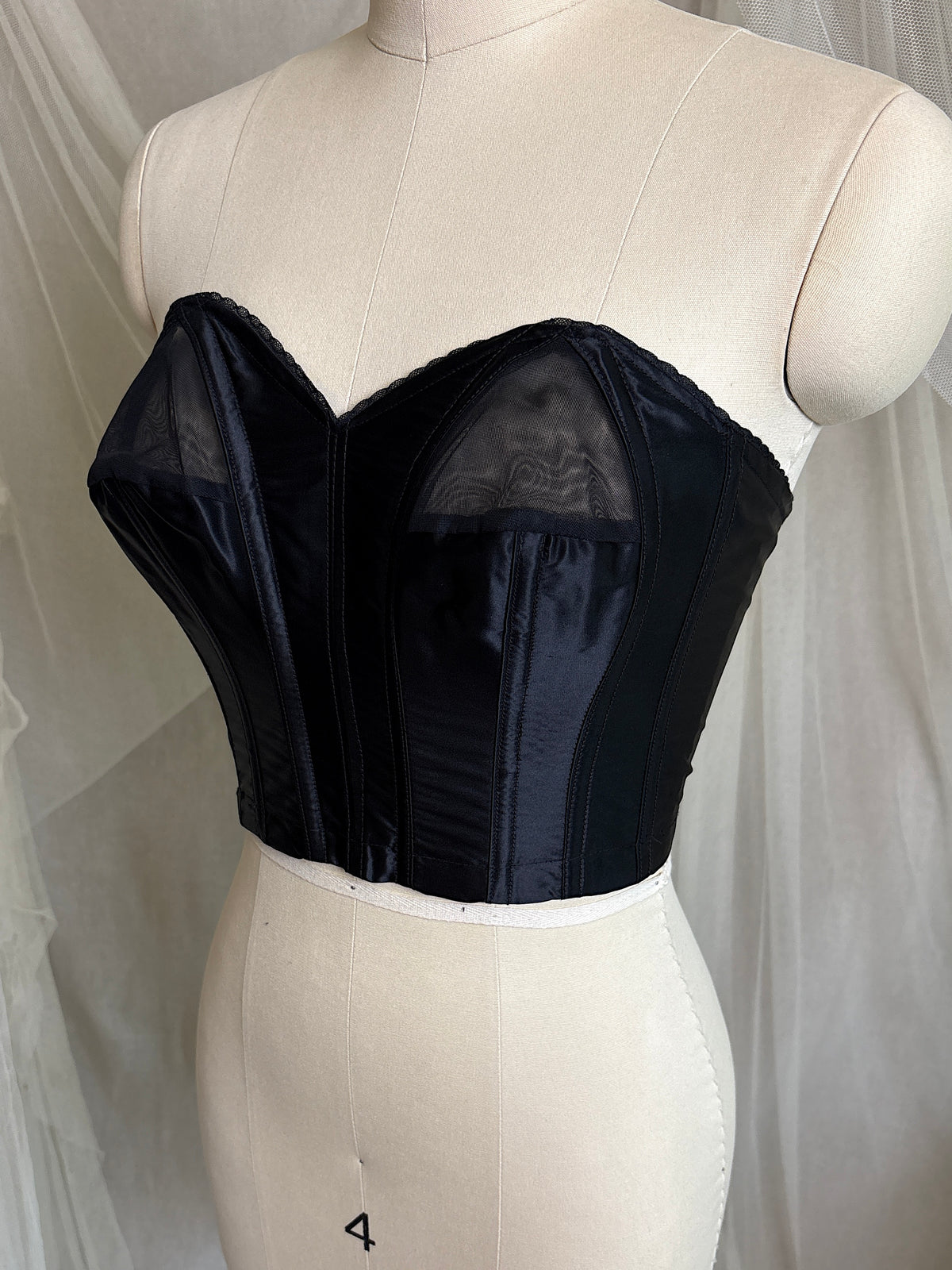 Vintage 1950's Strapless Cathedral Bra - Black Satin with Sheer Mesh Inserts & lace by Juno | 34 B