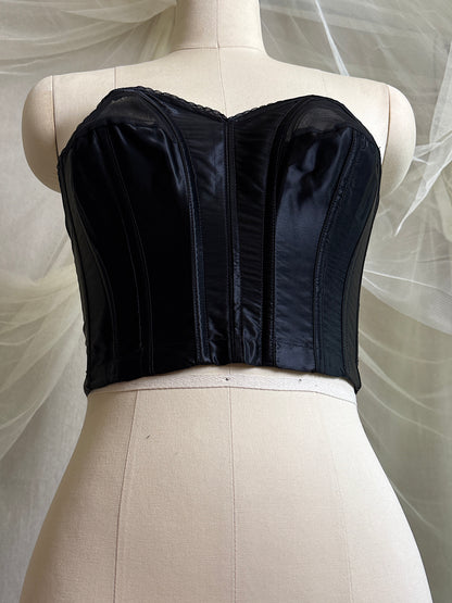 Vintage 1950's Strapless Cathedral Bra - Black Satin with Sheer Mesh Inserts & lace by Juno | 34 B