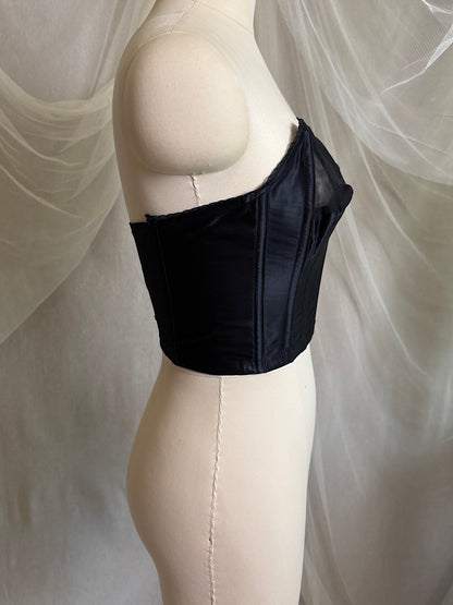 Vintage 1950's Strapless Cathedral Bra - Black Satin with Sheer Mesh Inserts & lace by Juno | 34 B
