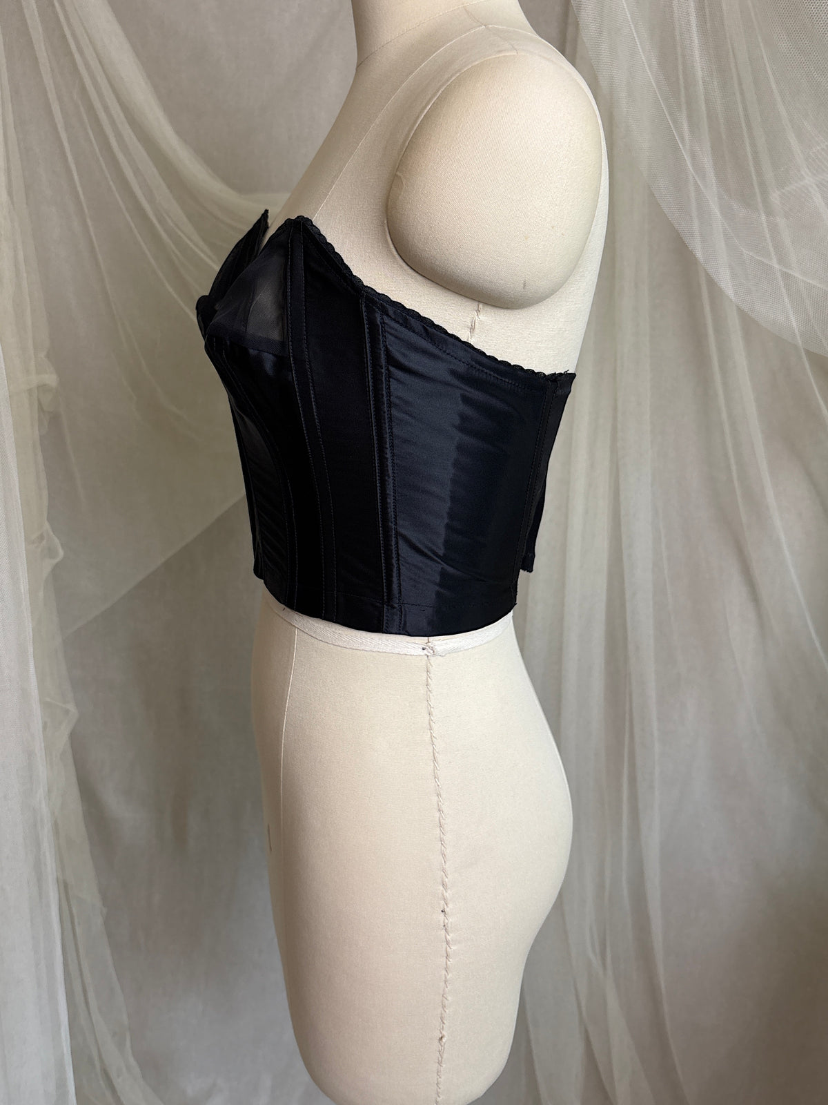 Vintage 1950's Strapless Cathedral Bra - Black Satin with Sheer Mesh Inserts & lace by Juno | 34 B