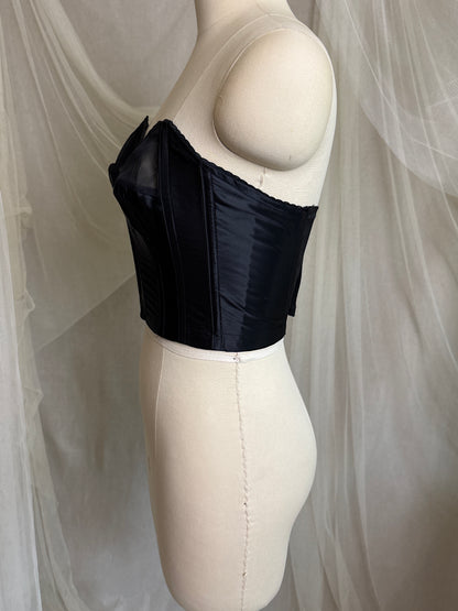 Vintage 1950's Strapless Cathedral Bra - Black Satin with Sheer Mesh Inserts & lace by Juno | 34 B