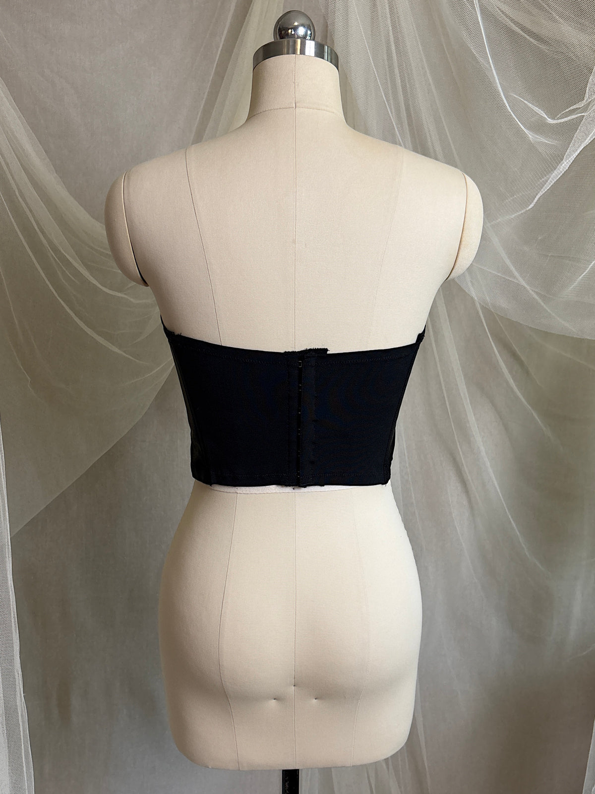 Vintage 1950's Strapless Cathedral Bra - Black Satin with Sheer Mesh Inserts & lace by Juno | 34 B