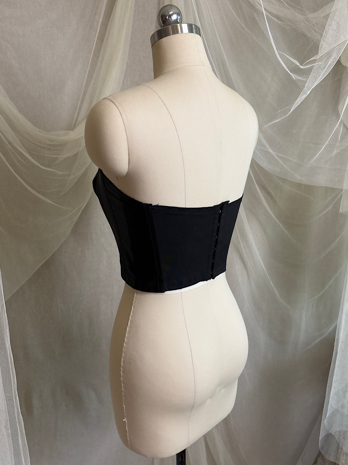 Vintage 1950's Strapless Cathedral Bra - Black Satin with Sheer Mesh Inserts & lace by Juno | 34 B