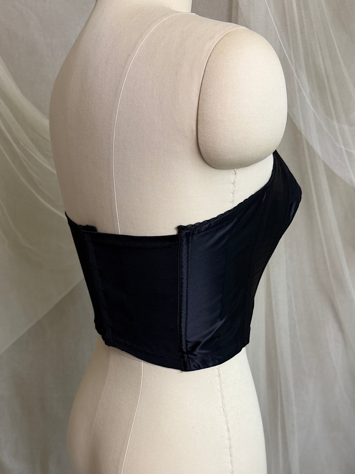 Vintage 1950's Strapless Cathedral Bra - Black Satin with Sheer Mesh Inserts & lace by Juno | 34 B