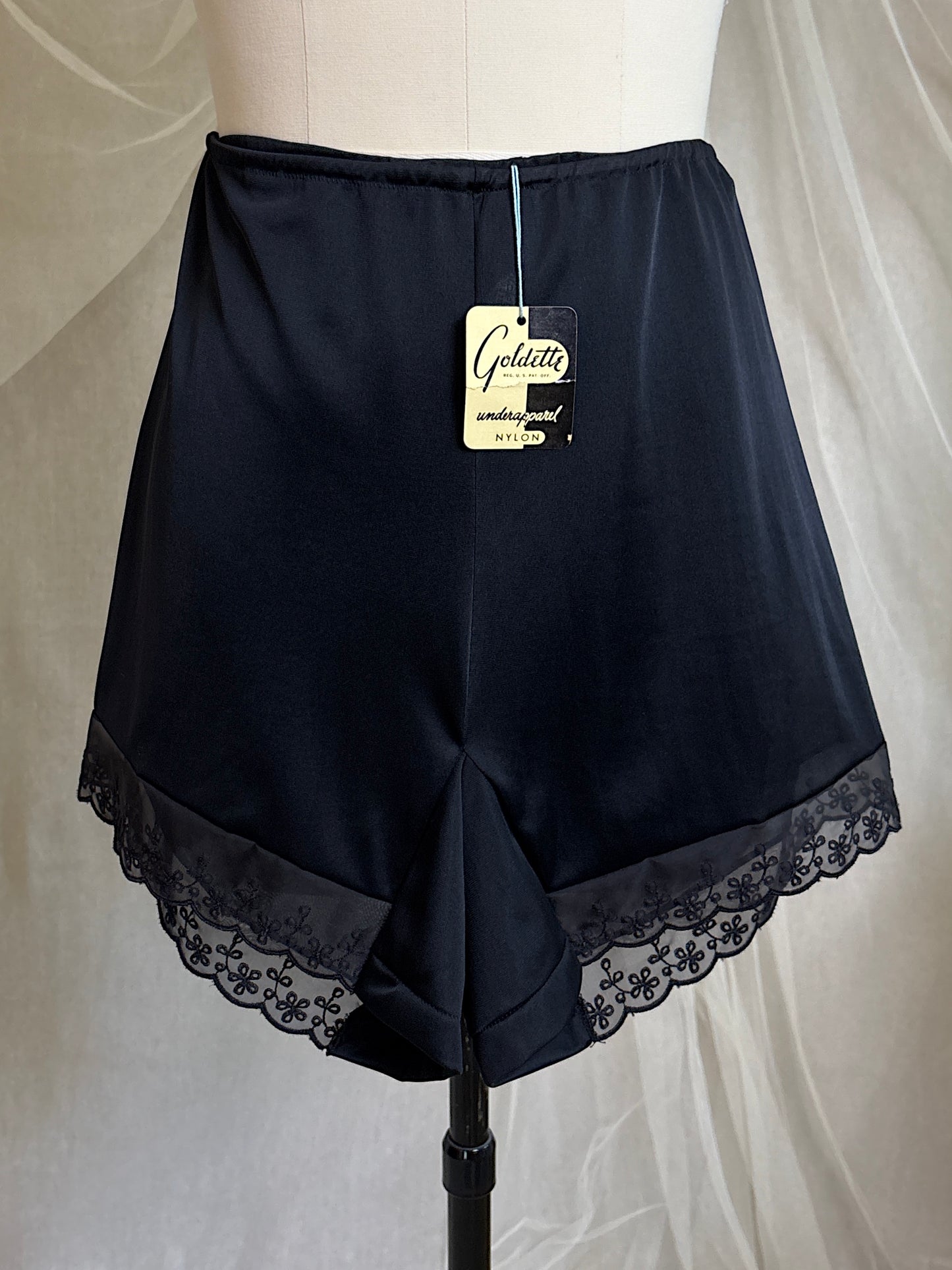 Vintage 1950's Tap Pants - Silky Black Nylon with Eyelet Chiffon Hem by Goldette - New with Tags | XS, S