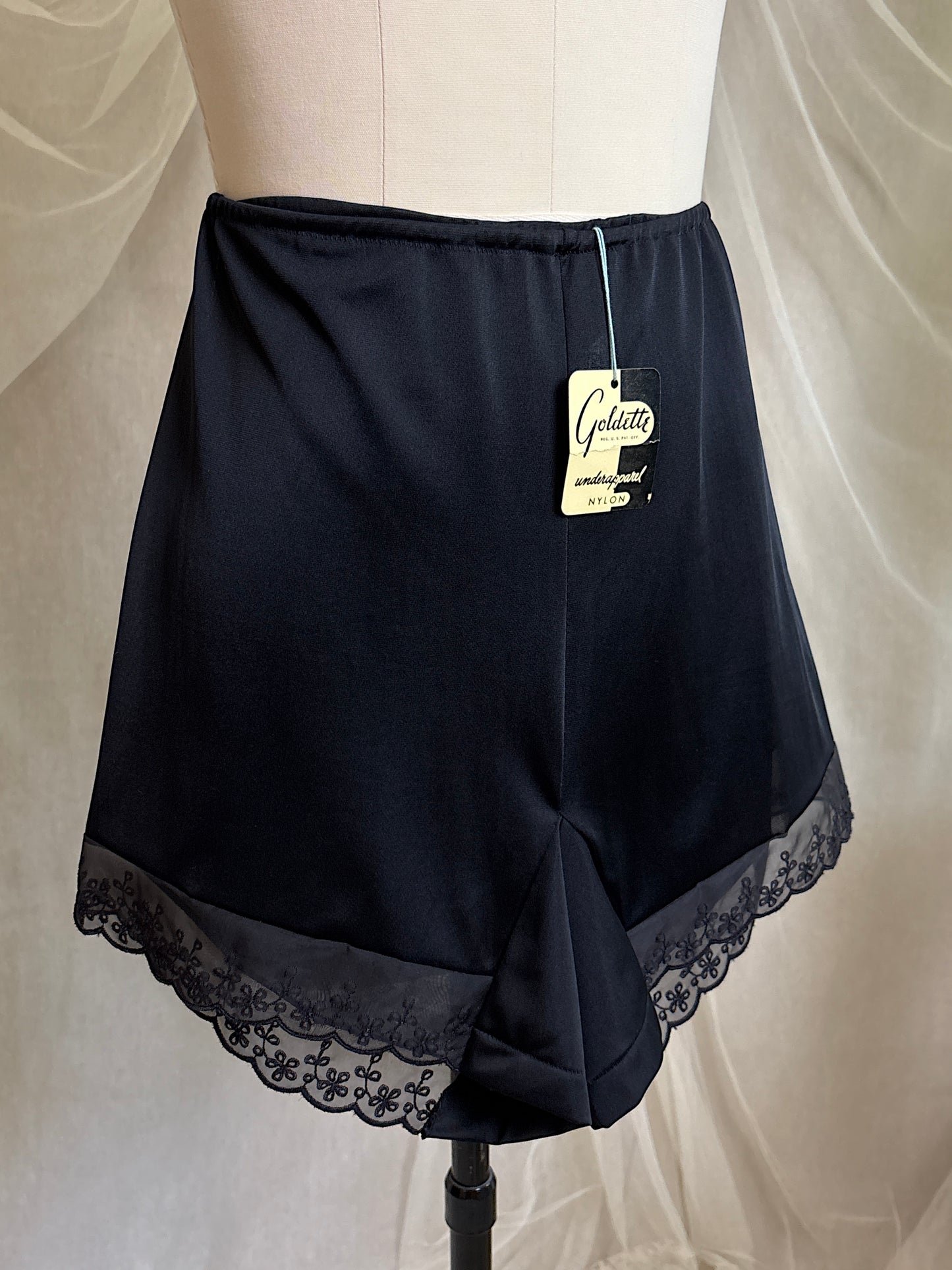 Vintage 1950's Tap Pants - Silky Black Nylon with Eyelet Chiffon Hem by Goldette - New with Tags | XS, S