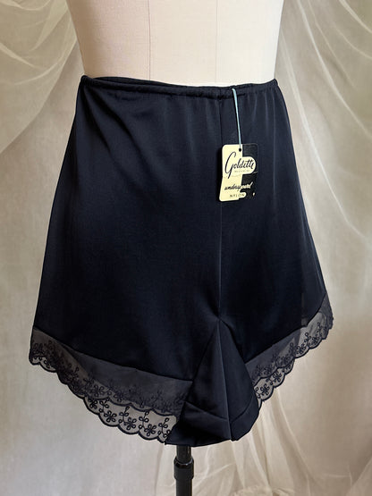 Vintage 1950's Tap Pants - Silky Black Nylon with Eyelet Chiffon Hem by Goldette - New with Tags | XS, S