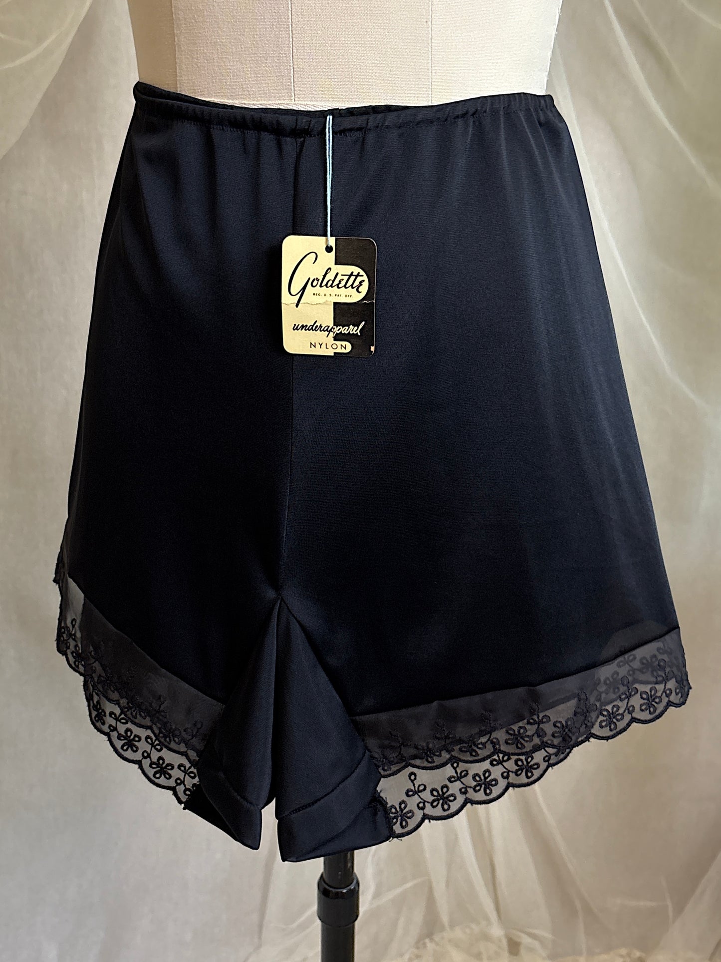 Vintage 1950's Tap Pants - Silky Black Nylon with Eyelet Chiffon Hem by Goldette - New with Tags | XS, S