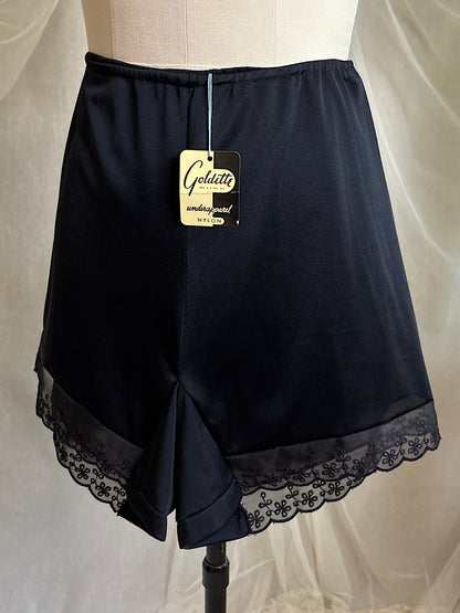 Vintage 1950's Tap Pants - Silky Black Nylon with Eyelet Chiffon Hem by Goldette - New with Tags | XS, S