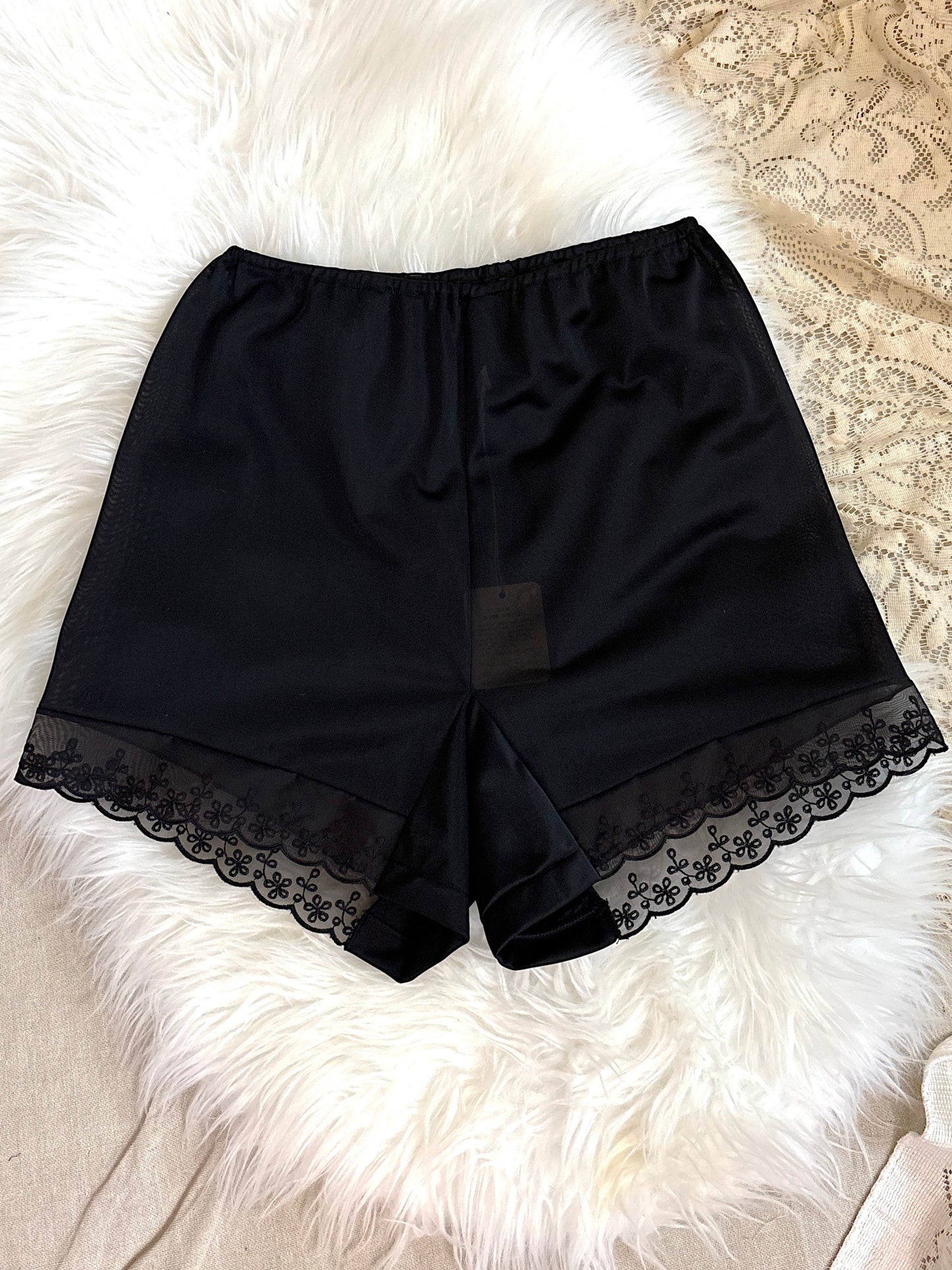 Vintage 1950's Tap Pants - Silky Black Nylon with Eyelet Chiffon Hem by Goldette - New with Tags | XS, S