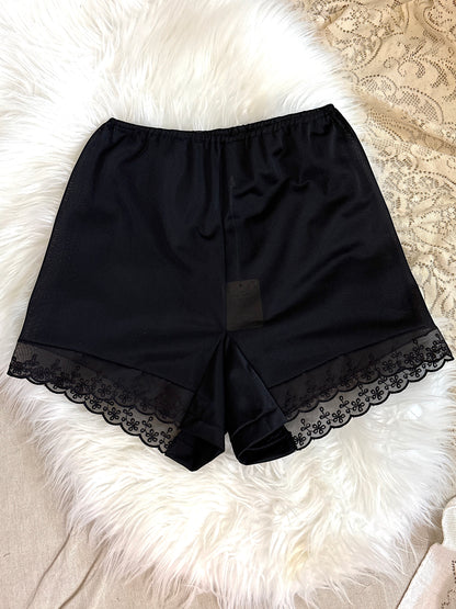 Vintage 1950's Tap Pants - Silky Black Nylon with Eyelet Chiffon Hem by Goldette - New with Tags | XS, S