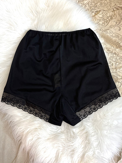 Vintage 1950's Tap Pants - Silky Black Nylon with Eyelet Chiffon Hem by Goldette - New with Tags | XS, S