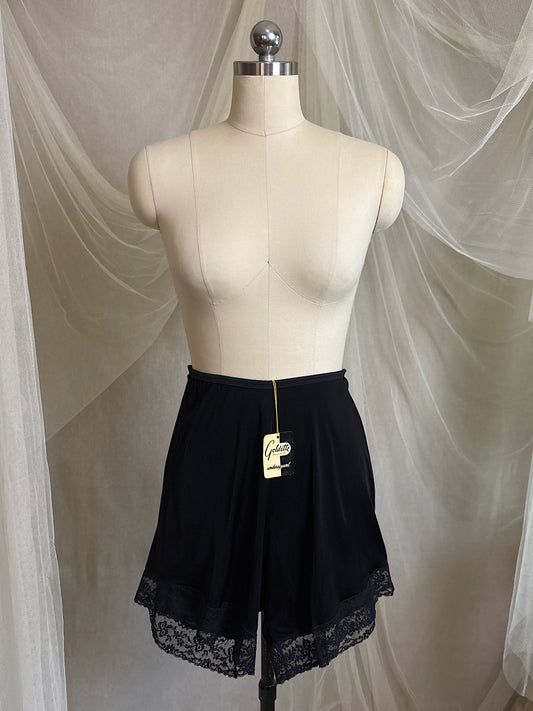 Vintage 1940's - 1950's Pettipants - Silky Black Rayon Knit with Lace Hem by Goldette- New with Tags | Sz 5 XXS, XS