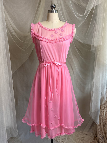 Vintage 1960's Babydoll Nightgown - Rich Fuchsia Pink Nylon Chiffon with Ruffled Lace & Appliqués by Capri Originals | S, M