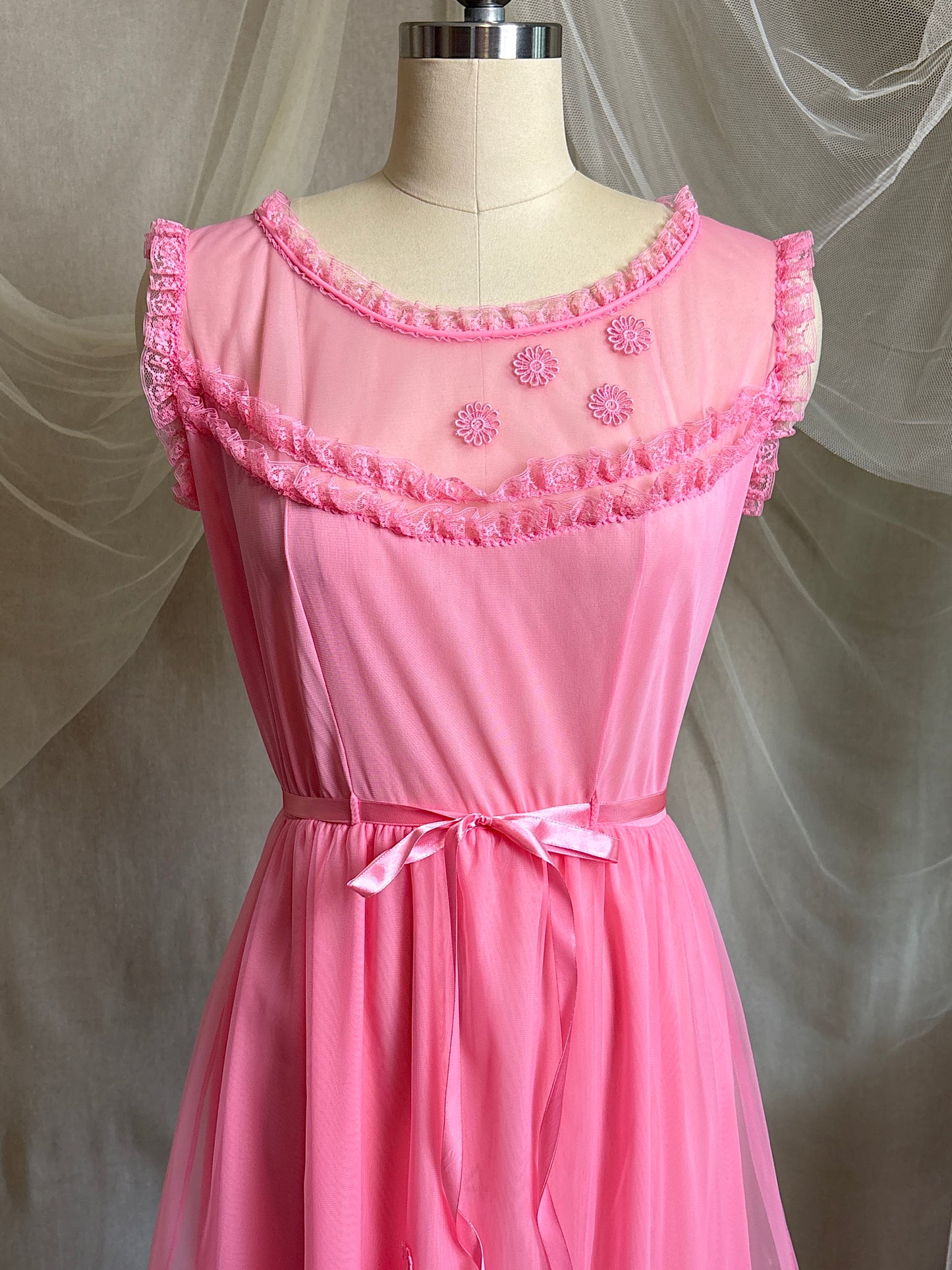 Vintage 1960's Babydoll Nightgown - Rich Fuchsia Pink Nylon Chiffon with Ruffled Lace & Appliqués by Capri Originals | S, M