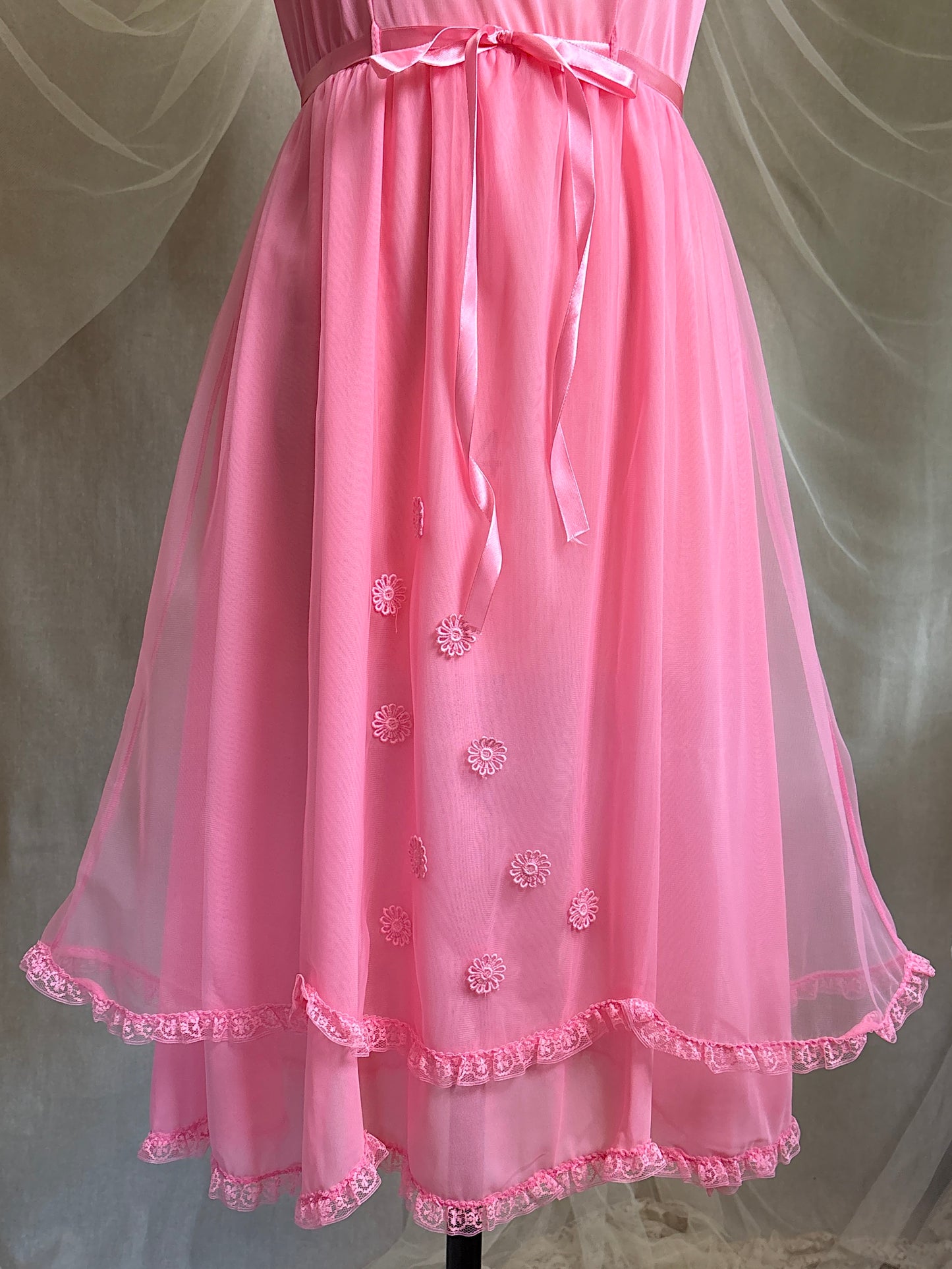 Vintage 1960's Babydoll Nightgown - Rich Fuchsia Pink Nylon Chiffon with Ruffled Lace & Appliqués by Capri Originals | S, M