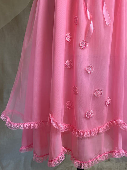 Vintage 1960's Babydoll Nightgown - Rich Fuchsia Pink Nylon Chiffon with Ruffled Lace & Appliqués by Capri Originals | S, M