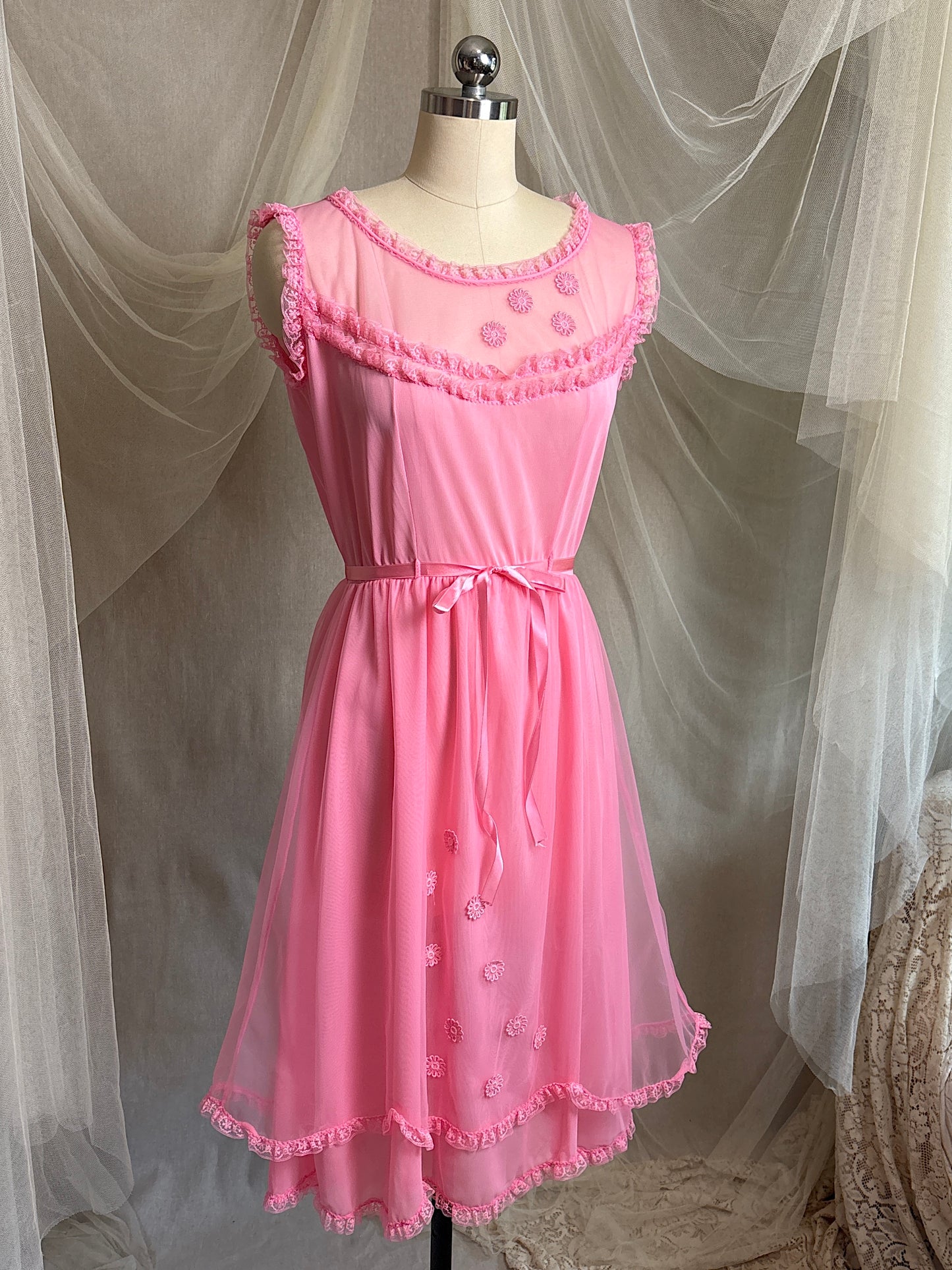 Vintage 1960's Babydoll Nightgown - Rich Fuchsia Pink Nylon Chiffon with Ruffled Lace & Appliqués by Capri Originals | S, M