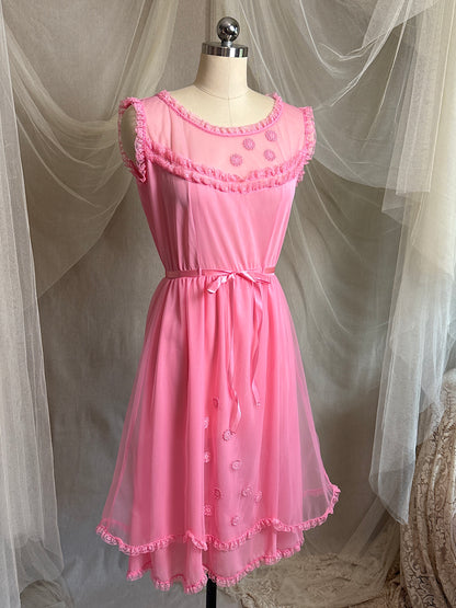 Vintage 1960's Babydoll Nightgown - Rich Fuchsia Pink Nylon Chiffon with Ruffled Lace & Appliqués by Capri Originals | S, M