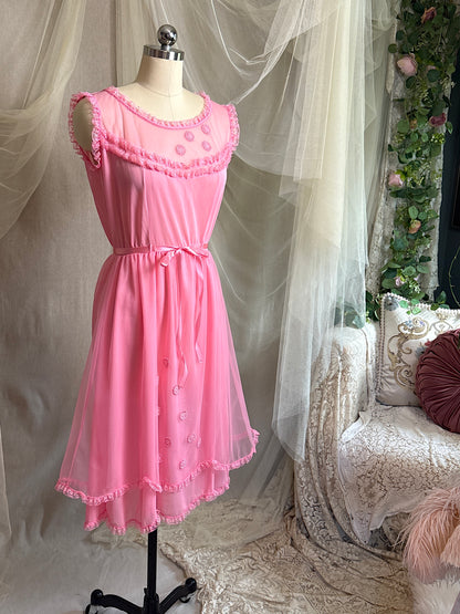 Vintage 1960's Babydoll Nightgown - Rich Fuchsia Pink Nylon Chiffon with Ruffled Lace & Appliqués by Capri Originals | S, M