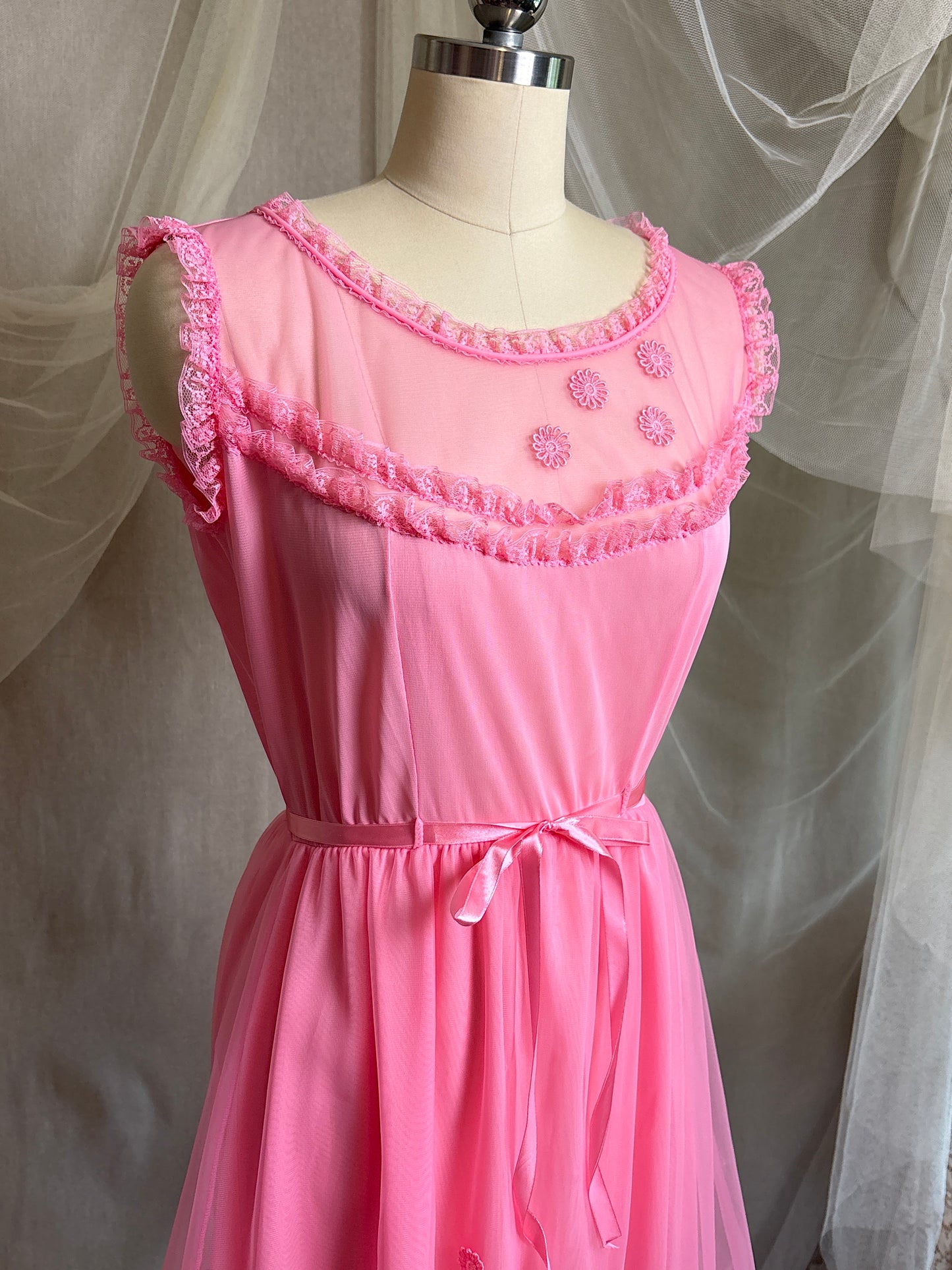 Vintage 1960's Babydoll Nightgown - Rich Fuchsia Pink Nylon Chiffon with Ruffled Lace & Appliqués by Capri Originals | S, M