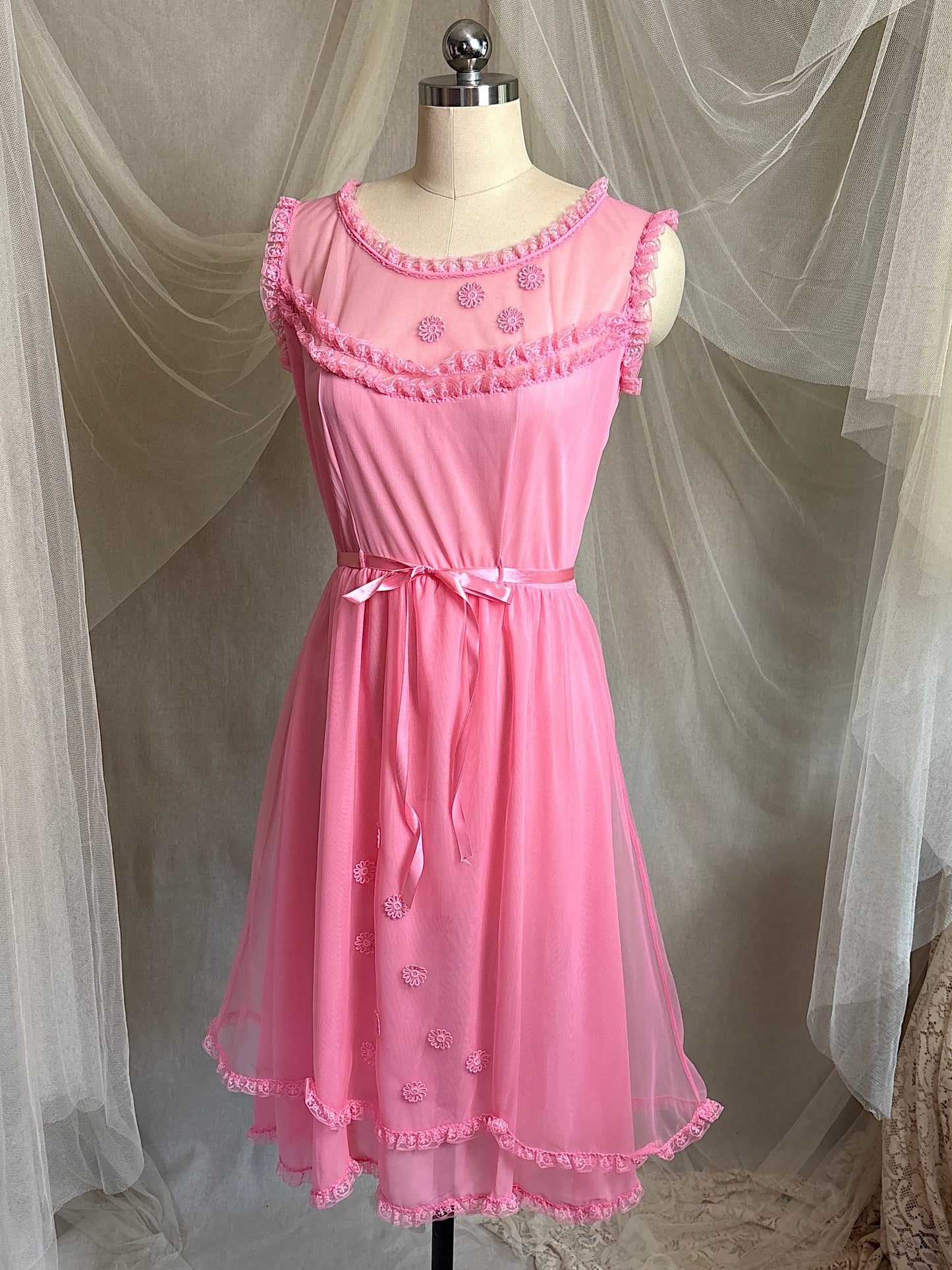 Vintage 1960's Babydoll Nightgown - Rich Fuchsia Pink Nylon Chiffon with Ruffled Lace & Appliqués by Capri Originals | S, M