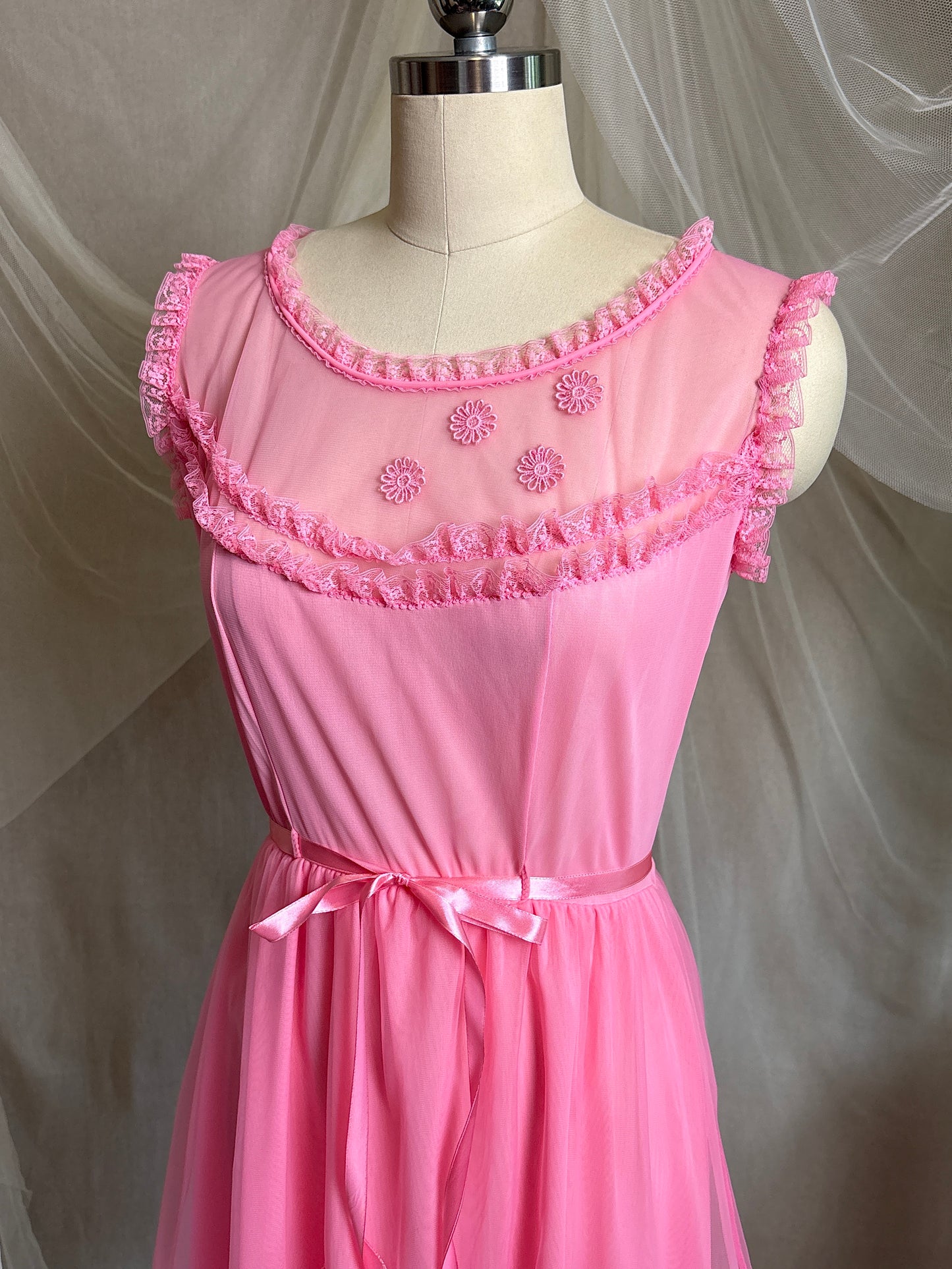 Vintage 1960's Babydoll Nightgown - Rich Fuchsia Pink Nylon Chiffon with Ruffled Lace & Appliqués by Capri Originals | S, M