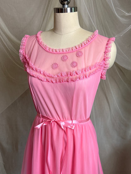Vintage 1960's Babydoll Nightgown - Rich Fuchsia Pink Nylon Chiffon with Ruffled Lace & Appliqués by Capri Originals | S, M