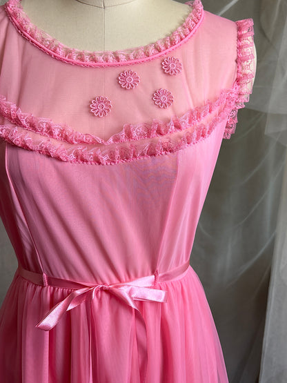Vintage 1960's Babydoll Nightgown - Rich Fuchsia Pink Nylon Chiffon with Ruffled Lace & Appliqués by Capri Originals | S, M