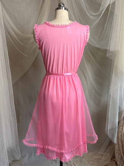 Vintage 1960's Babydoll Nightgown - Rich Fuchsia Pink Nylon Chiffon with Ruffled Lace & Appliqués by Capri Originals | S, M