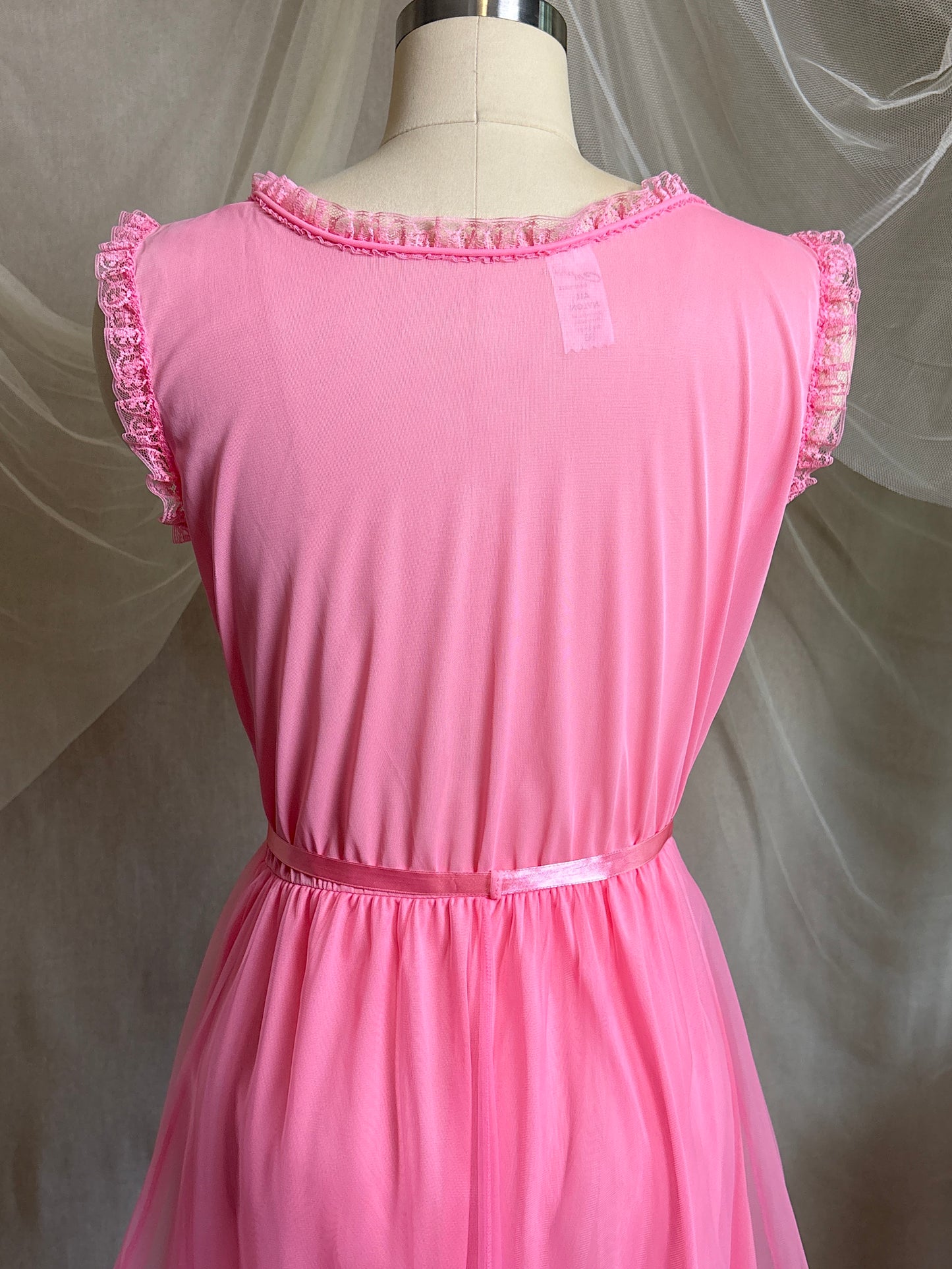 Vintage 1960's Babydoll Nightgown - Rich Fuchsia Pink Nylon Chiffon with Ruffled Lace & Appliqués by Capri Originals | S, M