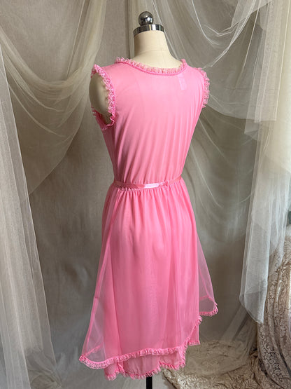 Vintage 1960's Babydoll Nightgown - Rich Fuchsia Pink Nylon Chiffon with Ruffled Lace & Appliqués by Capri Originals | S, M