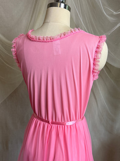 Vintage 1960's Babydoll Nightgown - Rich Fuchsia Pink Nylon Chiffon with Ruffled Lace & Appliqués by Capri Originals | S, M