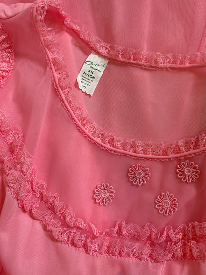 Vintage 1960's Babydoll Nightgown - Rich Fuchsia Pink Nylon Chiffon with Ruffled Lace & Appliqués by Capri Originals | S, M