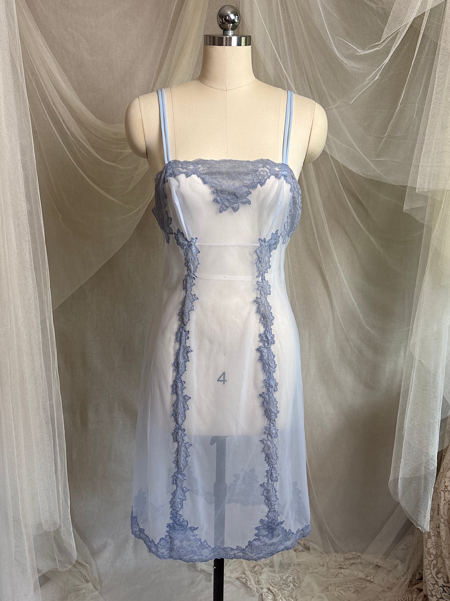 Vintage 1950's - 1960's Slip - Very Sheer Ash Blue Tulle with Floral Lace Appliqués by Henson Kickernick | S, M