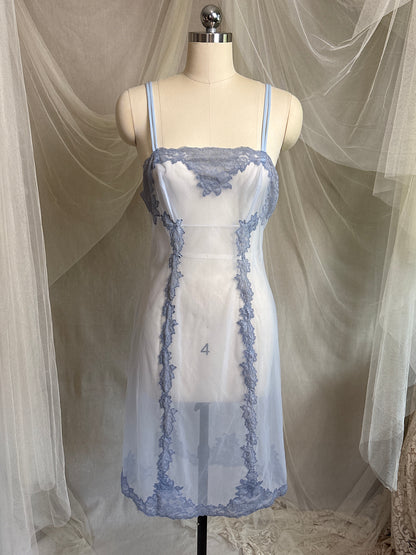 Vintage 1950's - 1960's Slip - Very Sheer Ash Blue Tulle with Floral Lace Appliqués by Henson Kickernick | S, M