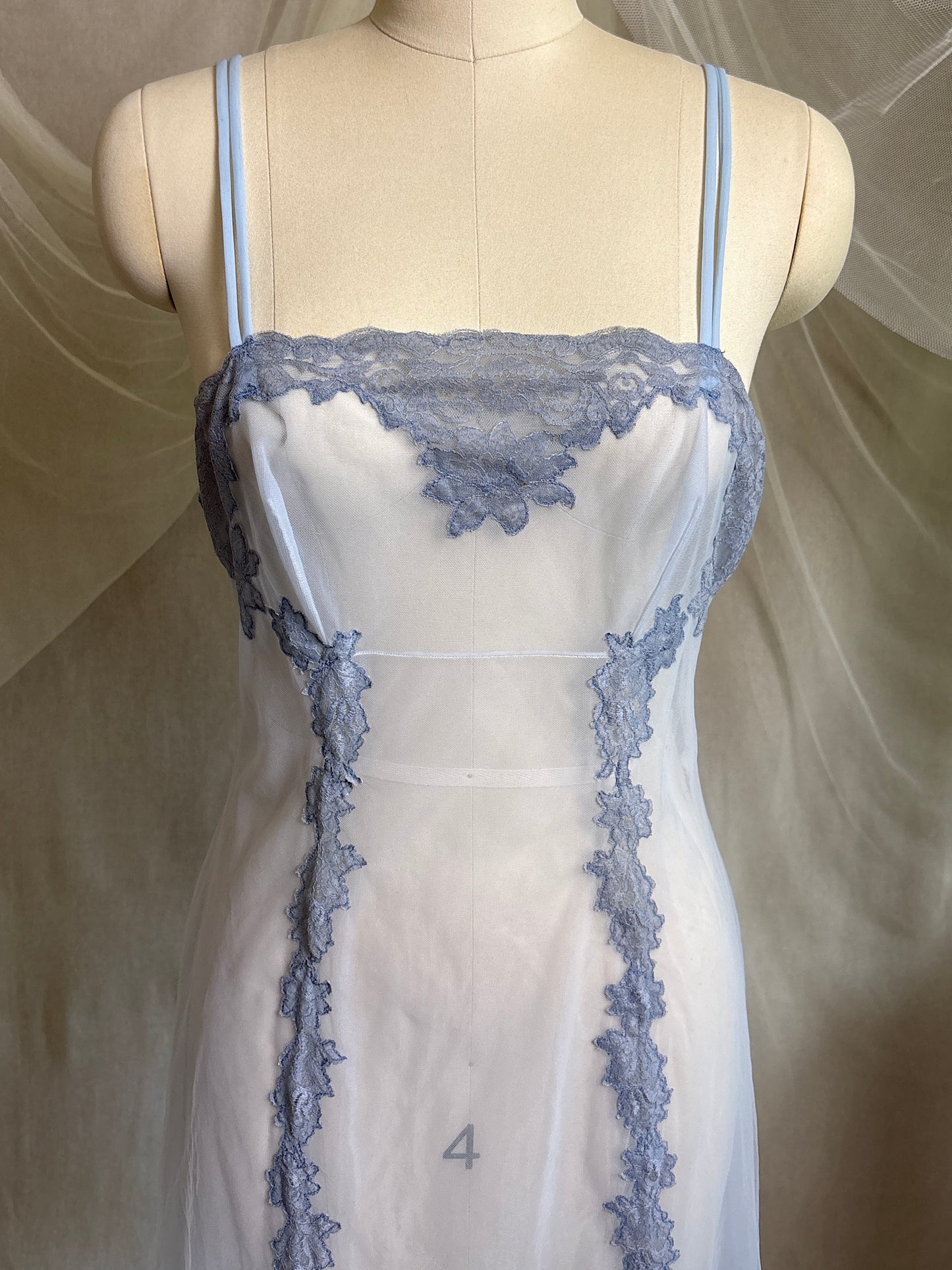 Vintage 1950's - 1960's Slip - Very Sheer Ash Blue Tulle with Floral Lace Appliqués by Henson Kickernick | S, M