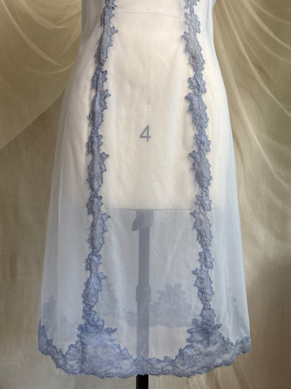 Vintage 1950's - 1960's Slip - Very Sheer Ash Blue Tulle with Floral Lace Appliqués by Henson Kickernick | S, M