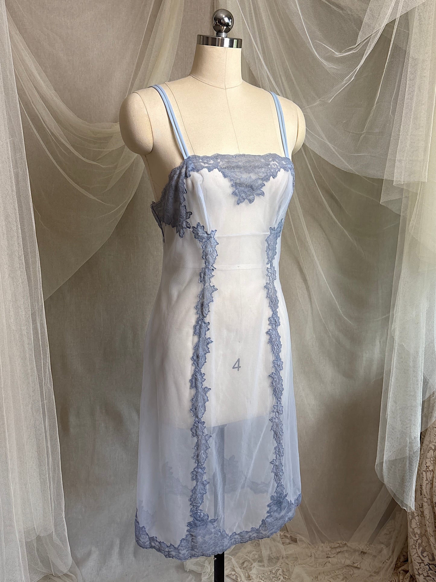 Vintage 1950's - 1960's Slip - Very Sheer Ash Blue Tulle with Floral Lace Appliqués by Henson Kickernick | S, M