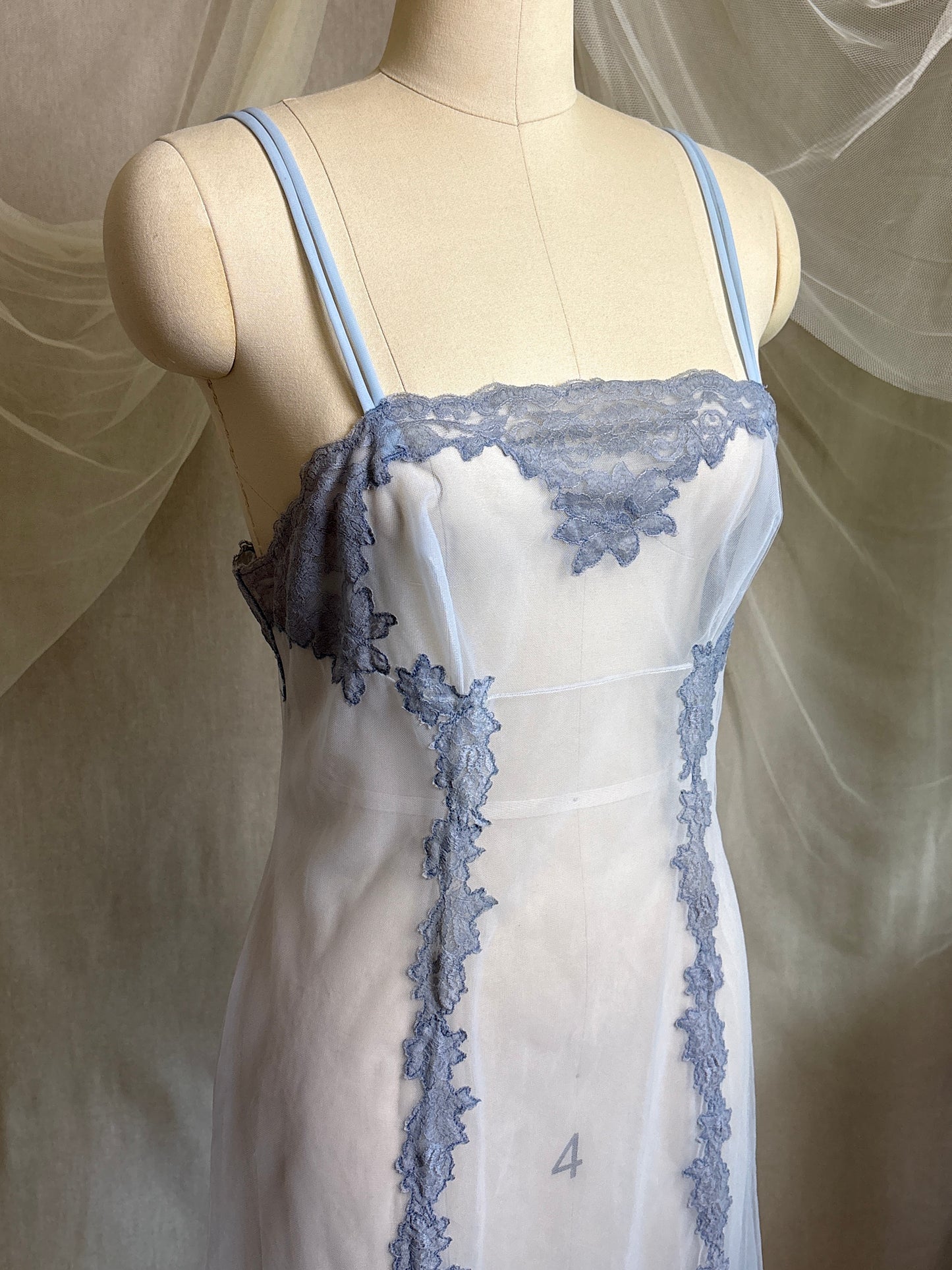 Vintage 1950's - 1960's Slip - Very Sheer Ash Blue Tulle with Floral Lace Appliqués by Henson Kickernick | S, M
