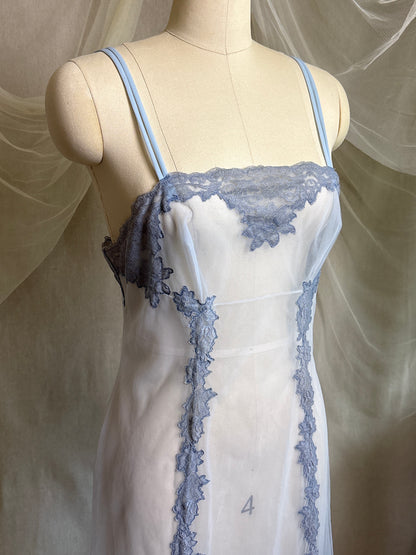 Vintage 1950's - 1960's Slip - Very Sheer Ash Blue Tulle with Floral Lace Appliqués by Henson Kickernick | S, M